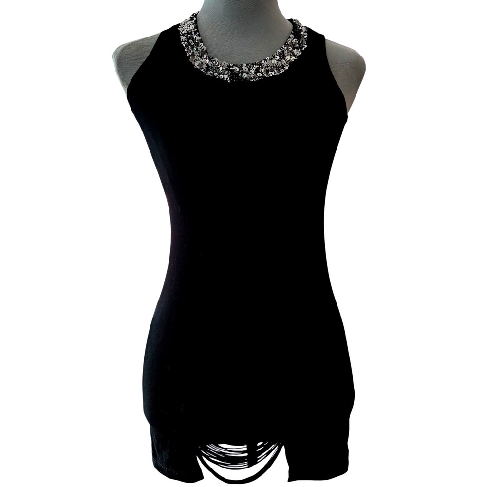 Flowers by Zoe Black Fringe Sequin Neck Mini Dress Junior M Rocker Goth DL115SSQ - Picture 10 of 11